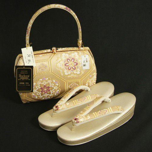 草履バッグセット　振袖　訪問着　紗織ブランド　西陣織正絹　ゴールド　亀甲唐花文様　パールトーン加工　三枚芯　Lサイズ　日本製