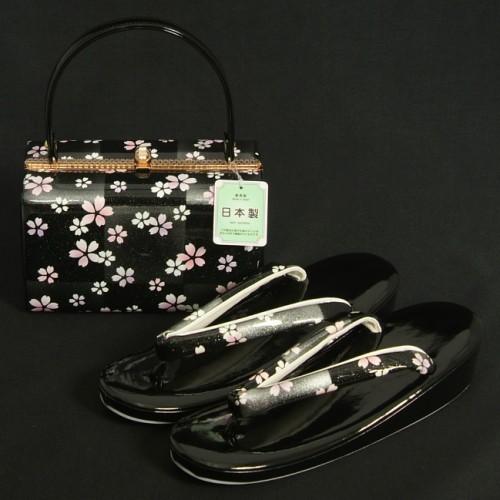 草履バッグセット 振袖 訪問着 黒銀市松 小桜柄 一枚芯 LLサイズ 角型 ...