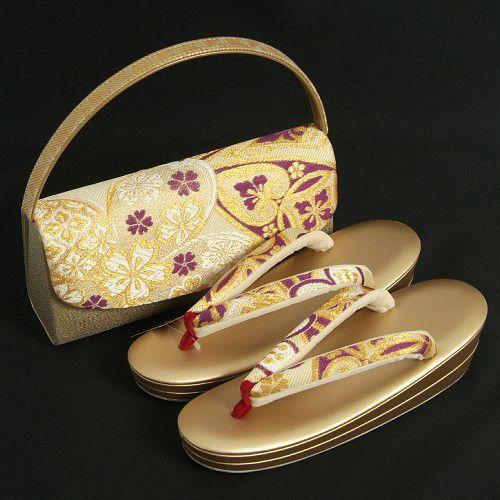 草履バックセット　振袖　訪問着　留袖　ゴールド　桜有職文　帯地使い　二枚芯　ＬＬサイズ　日本製