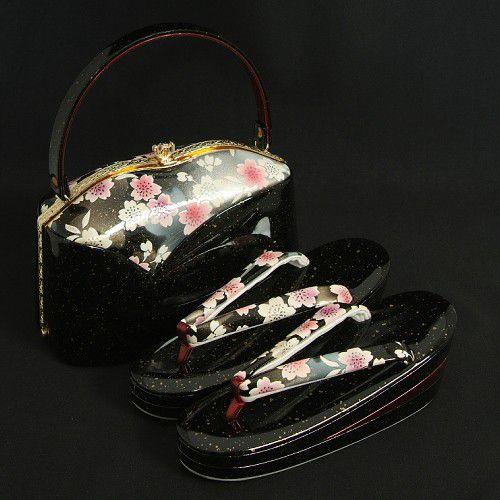 草履バックセット　振袖　訪問着　黒　ゴールド箔柄　桜　三枚芯　Sサイズ　日本製　