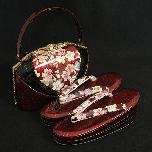 草履バックセット　振袖　訪問着　エンジ　ゴールド箔柄　桜柄中切替　三枚芯　Sサイズ　日本製　