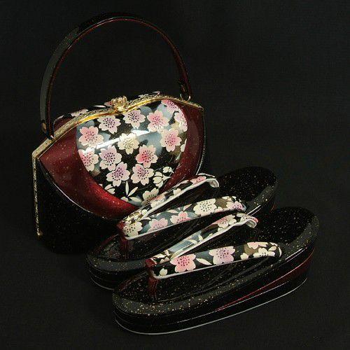 草履バックセット　振袖　訪問着　黒　ゴールド箔柄　桜柄中エンジ切替　三枚芯　Sサイズ　日本製　