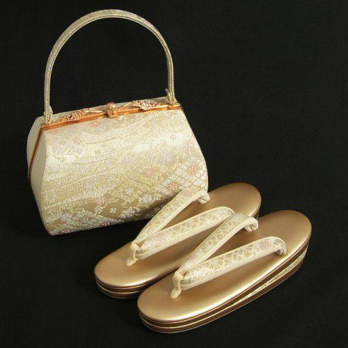 草履バックセット　振袖　訪問着　ゴールド　シルバー　菱華流水柄　三枚芯　Sサイズ　　日本製