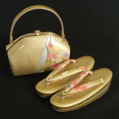 草履バックセット　振袖　訪問着　ゴールド　シルバー柄切替　牡丹　三枚芯　Sサイズ　日本製 