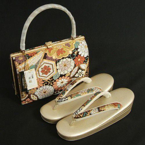 草履バッグセット　振袖　訪問着　紗織ブランド　西陣織正絹　黒　パールゴールド　牡丹菊　パールトーン加工　Ｍサイズ　三枚芯　日本製