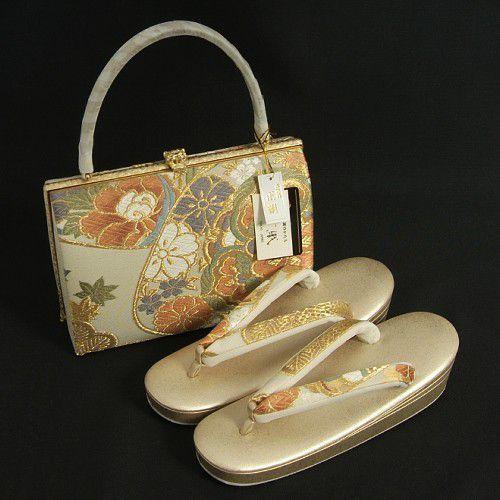 草履バッグセット　振袖　訪問着　紗織ブランド　西陣織正絹　パールゴールド　芍薬　桜　パールトーン加工　三枚芯　Mサイズ　日本製