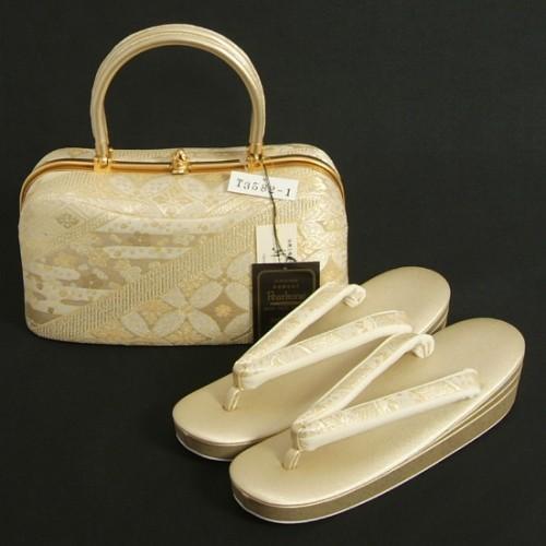 草履バッグセット　振袖　訪問着　留袖　紗織ブランド　パールゴールド　七宝有職文様　Lサイズ　二本手バック　パールトーン加工　三枚芯　日本製