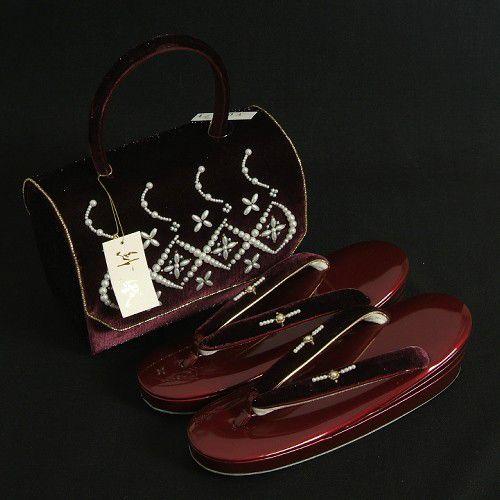 草履バックセット　振袖　訪問着　紗織ブランド　ベロア地バック　パール使い　Mサイズ　日本製　　