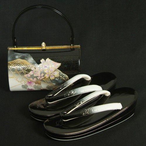 草履バッグセット　振袖　訪問着　黒シルバーぼかし　蔦桜柄金彩　　丸型バック　二枚芯　LLサイズ　日本製