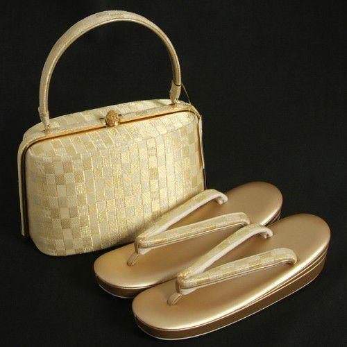 草履バックセット　振袖　訪問着　留袖　紗織ブランド　ゴールド　市松文様　帯地使い　三枚芯　Lサイズ　パールトーン加工　日本製