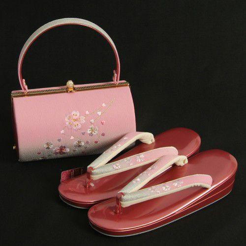 草履バックセット　振袖　訪問着　エンジピンク　シルバーぼかし　桜刺繍使い　二枚芯　LLサイズ　丸筒型バック　日本製