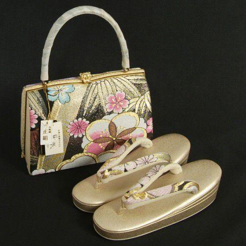 草履バックセット　西陣織正絹帯地仕様　紗織ブランド　振袖　訪問着　留袖　パールゴールド　桜　三枚芯　Sサイズ　日本製 