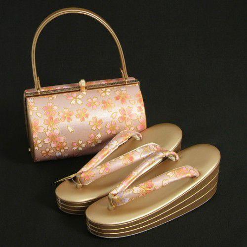 草履バックセット　振袖　訪問着　ピンクパープル　ゴールド　桜柄　丸筒型バック　三枚芯　Sサイズ　日本製
