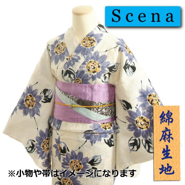 浴衣 ゆかた scenaブランド オフホワイト色 向日葵柄 適度な通気性とシャリ感のある綿麻生地使用