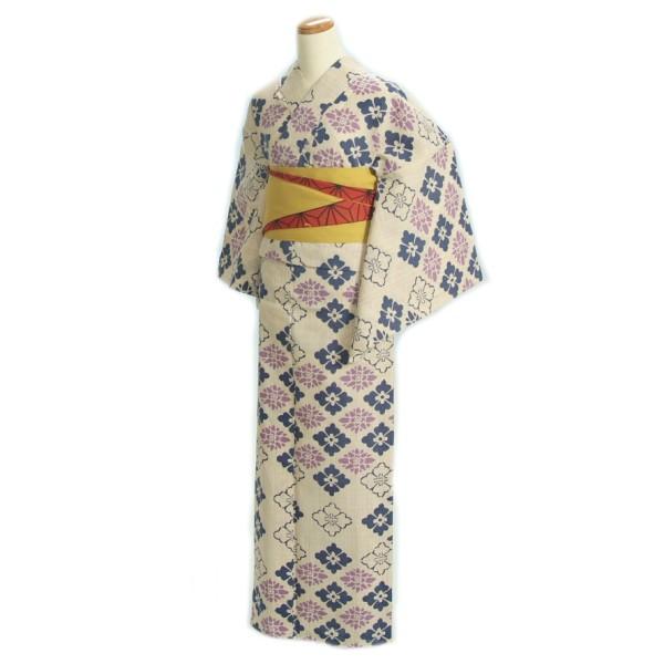 浴衣 ゆかた 単品 龍村美術着物ブランド 生成り色 紺紫木瓜柄 注染染め