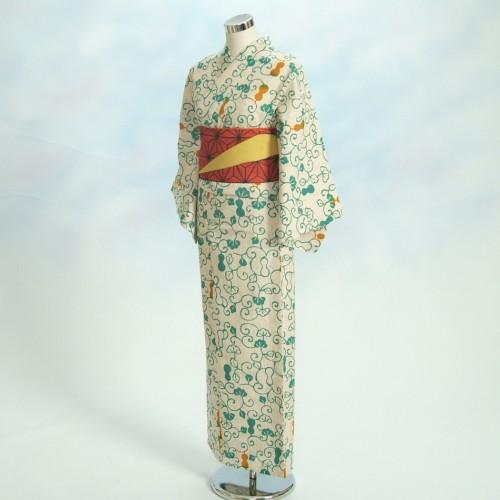 浴衣 ゆかた 単品 龍村美術着物ブランド 生成り色 黄色瓢柄 注染染め