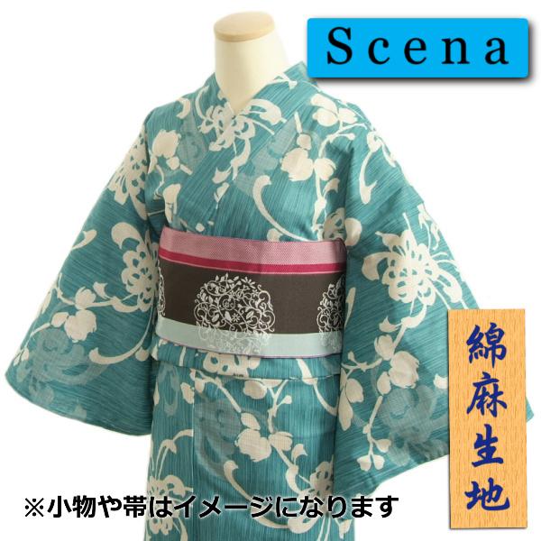 浴衣 ゆかた scenaブランド 青緑色 糸菊柄 適度な通気性とシャリ感のある綿麻生地使用