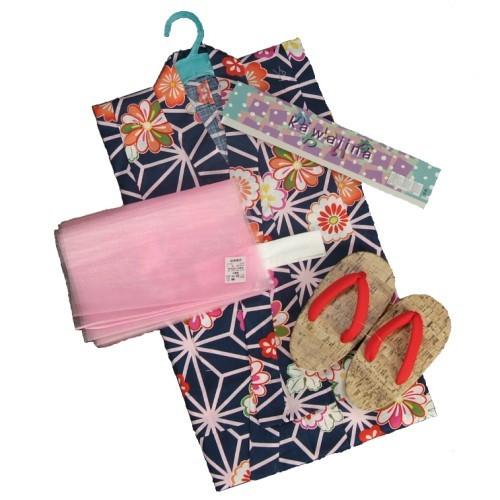 浴衣　女の子　キッズサイズ　かわいいなブランドゆかた３点セット　紺色　麻の葉柄　綿紅梅生地　100cm　110cm　120cm　130cm