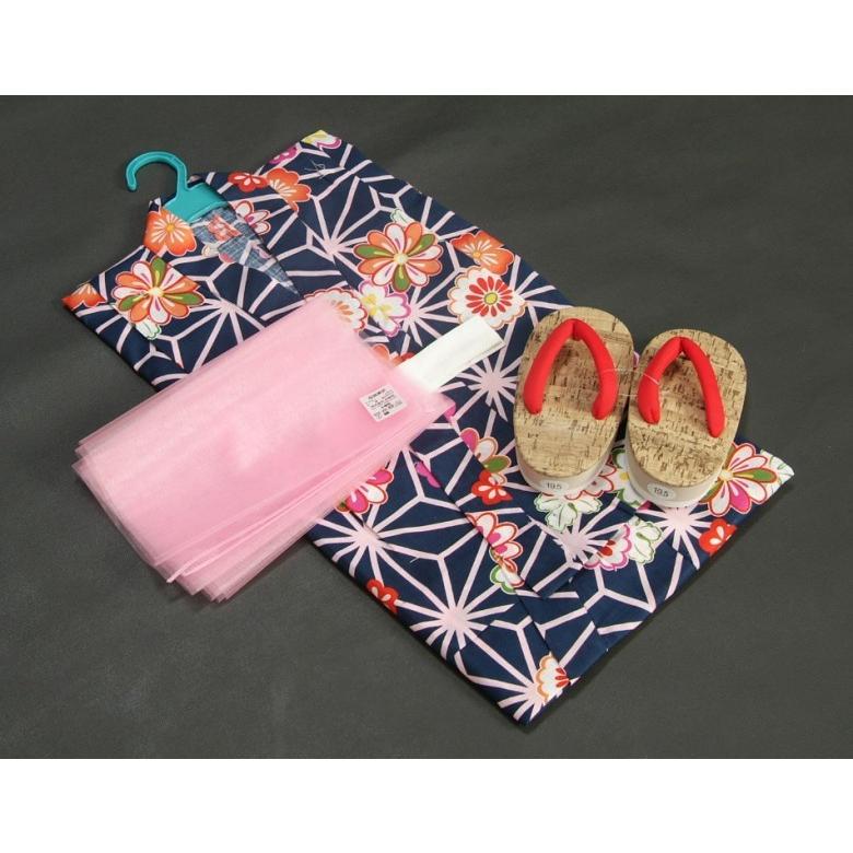 浴衣　女の子　キッズサイズ　かわいいなブランドゆかた３点セット　紺色　麻の葉柄　綿紅梅生地　100cm　110cm　120cm　130cm | 京美 | 01