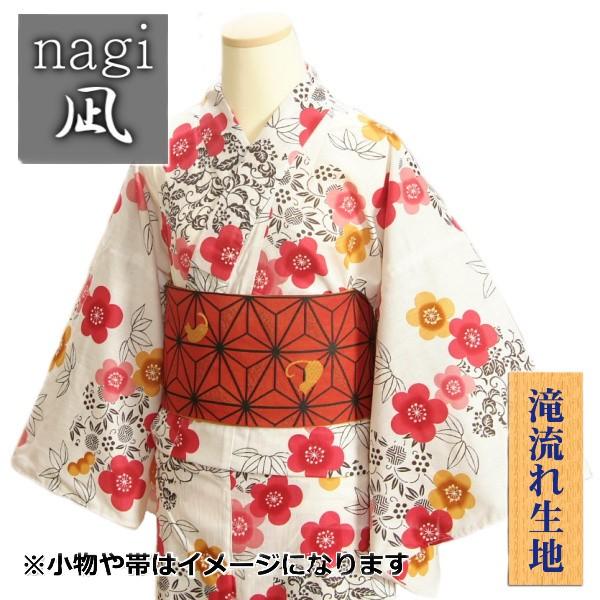 浴衣 ゆかた 凪ブランド 白色 三色梅に笹柄 ゆかたにピッタリな滝流れ生地使用 綿１００％