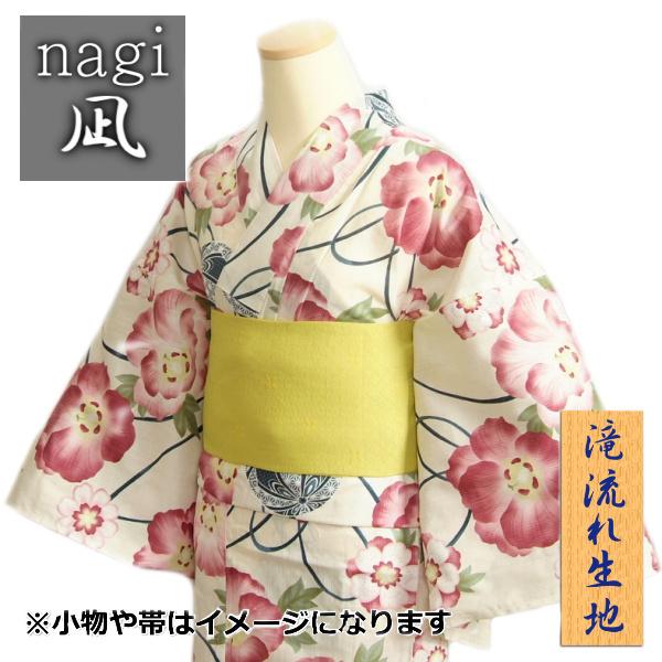 浴衣 ゆかた 凪ブランド 白色 鞠に芍薬柄 ゆかたにピッタリな滝流れ生地使用 綿１００％