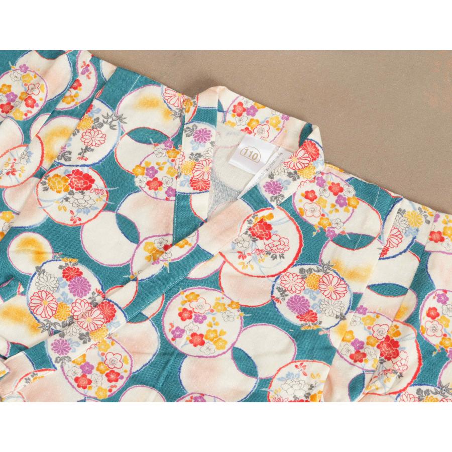 甚平 子ども 女の子 キッズサイズ 綿100％ ブルーグリーン 丸輪華鏡柄 100cm 110cm 120cm 130cm | 京美 | 04