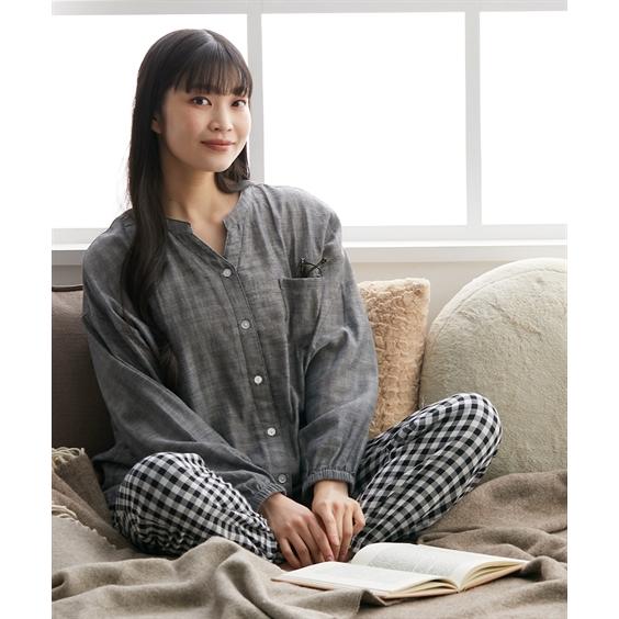 3L 4L 5L 6L パジャマ ルームウェア ニッセン 大きいサイズ 綿100% ダブルガーゼ 襟無し パジャマ 女性 レディース ルームウエア 綿100 長袖 コットン 入院 授乳 | ニッセン | 10