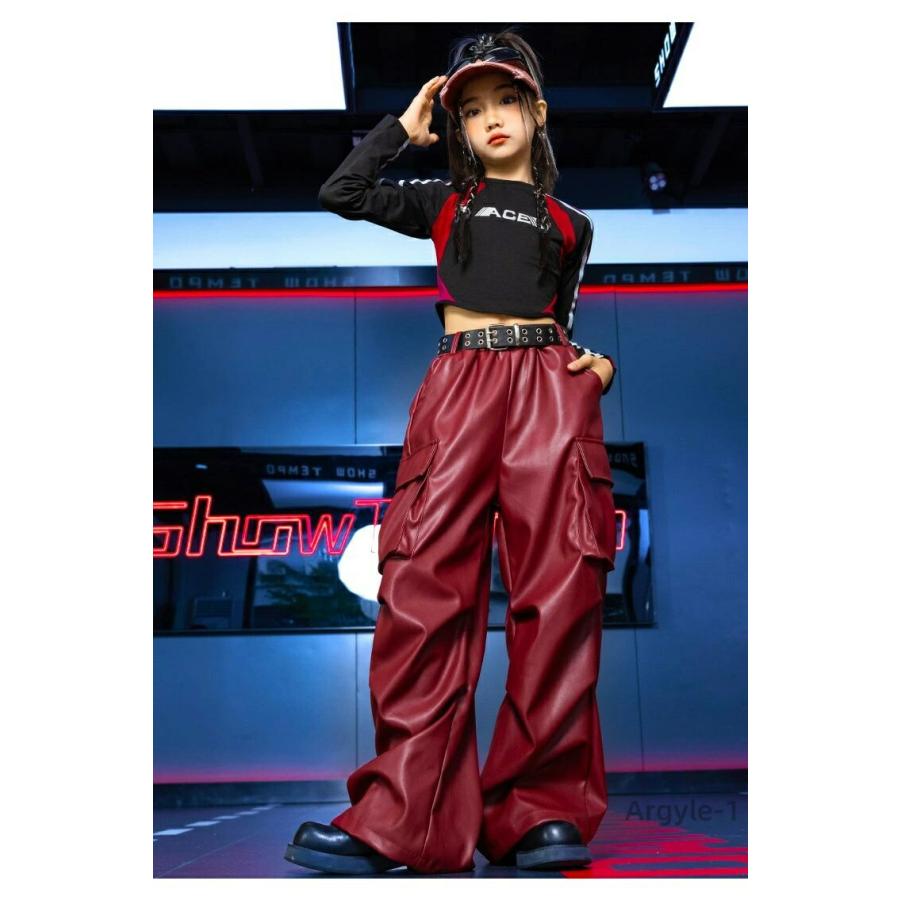 ダンス衣装 PU レザー カーゴパンツ ワインレッド 黒 長袖Tシャツ
