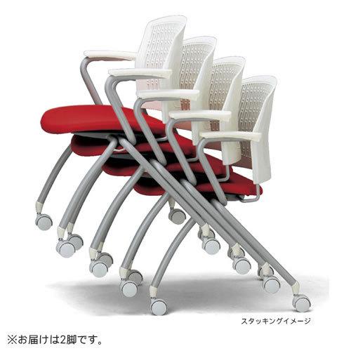 アイコ　法人限定　ミーティングチェア 布張り　２脚セット　背張りなし肘付き　キャスタータイプ　ホワイトシェル　ＲＥ（レッド）