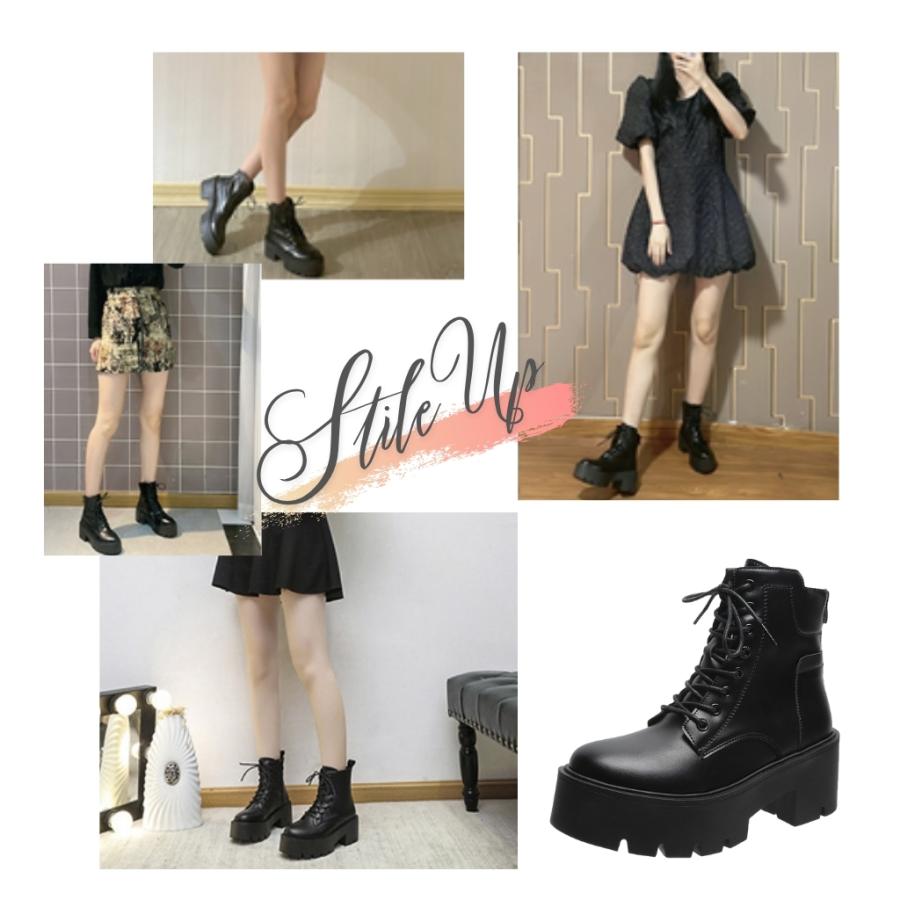 ブーツ レディース ショート 厚底 6.5cm  レースアップブーツ 黒 ヒールアップブーツ 疲れにくい 身長アップ  後ろジップ おしゃれ コスプレブーツ 爆買 |  | 02