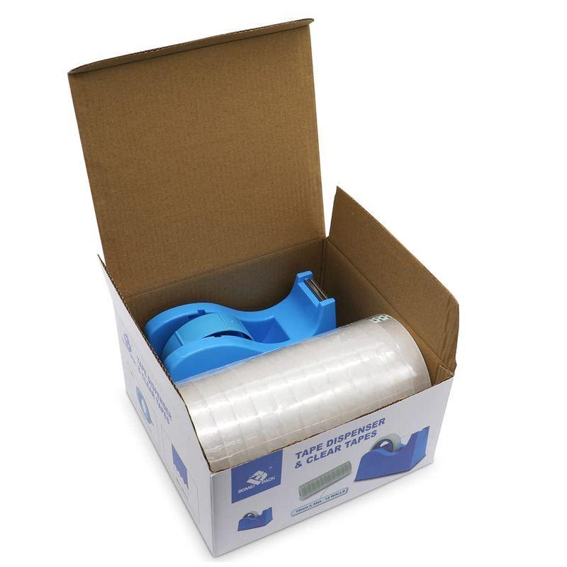 本日特価】【本日特価】BOMEI PACK セロハン テープ オフィス用小包包装用の青いディスペンサー付きガムテープ 透明テープ 15mm×35m 大巻  12巻入 テープ
