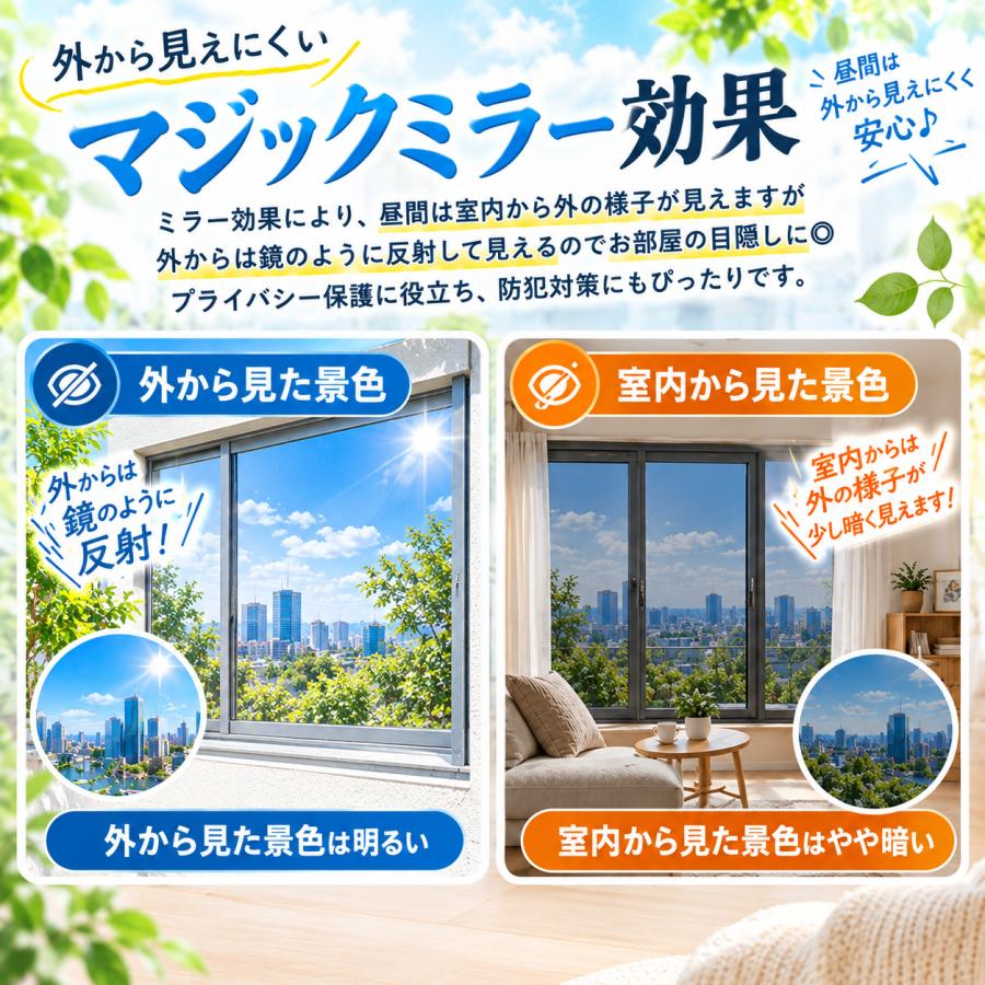 防犯フィルム 窓ガラスフィルム ミラー 目隠し 断熱 暖房効果UP 節電 結露防止 遮熱 遮光シート 幅90x200cm 窓マジックミラーフィルム |  | 09