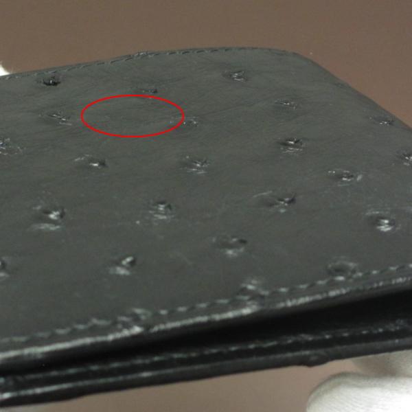 現品発送 本革 オーストリッチ 二つ折り財布 一枚革 ブラック 財布 黒