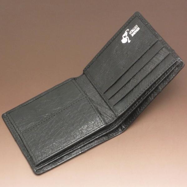 現品発送 本革 オーストリッチ 二つ折り財布 一枚革 ブラック 財布 黒
