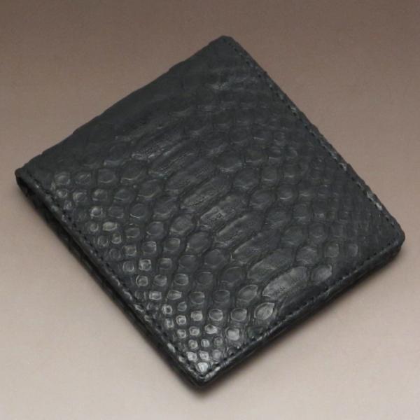 現品発送 本革 パイソン 二つ折り財布 一枚革 ブラック 財布 ヘビ革 黒