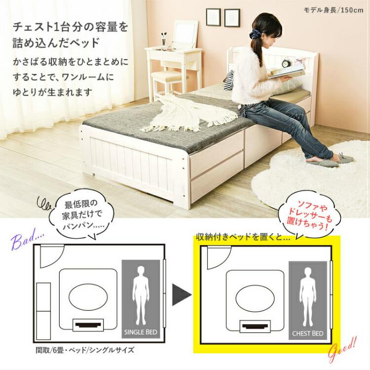 シングルベッド 収納付き 収納付きベッド ベット 引き出し付き シングルベット 白 ベッド シングル ベッドフレーム すのこ 耐荷重100kg｜double-oo｜15