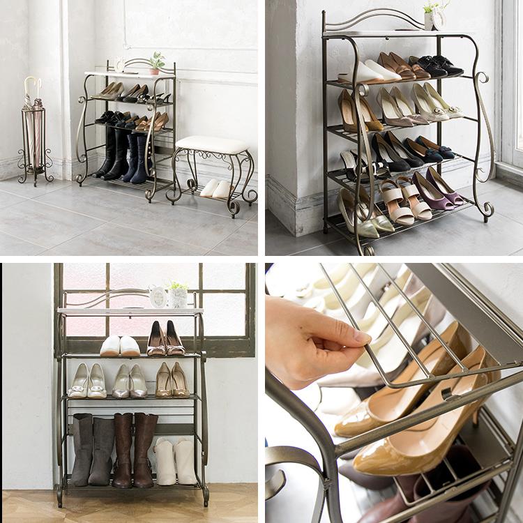 『アイアンラック』ラック シューズラック 玄関 キャビネット 薄型 姫系 シューズラック 幅61.5cm 4段 ロートアイアン 姫系 （ 靴箱 洋風
