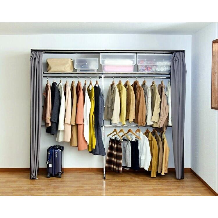 ウォークインクローゼット ハンガーラック カバー付き 収納 2段 洋服収納 頑丈 大型 ワードローブ 壁面 壁 ダブル カーテン付き ワイド