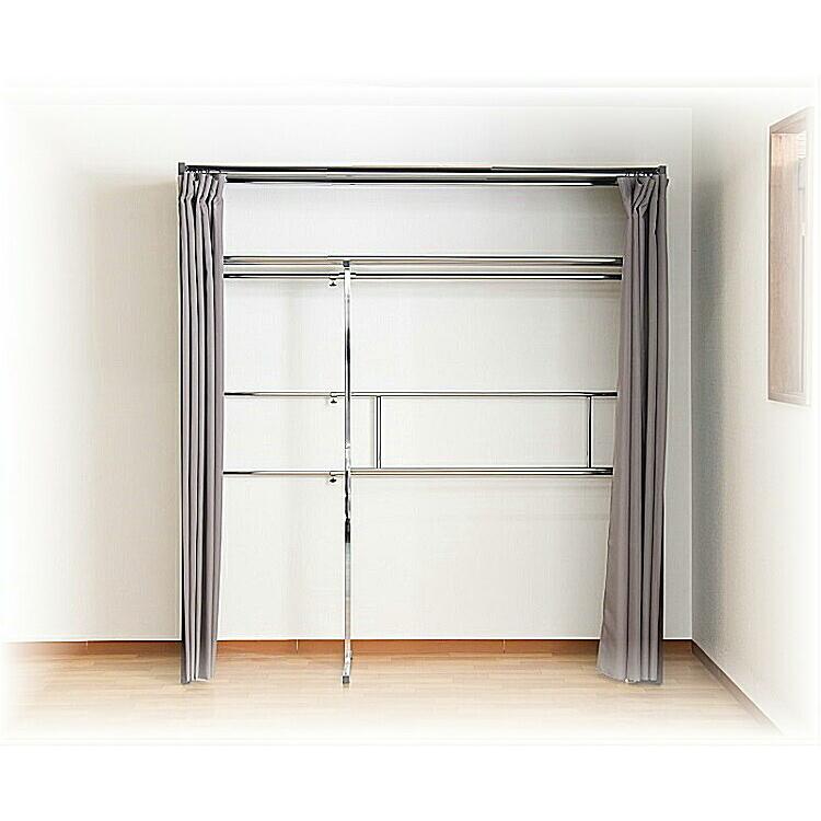 ウォークインクローゼット ハンガーラック カバー付き 収納 2段 洋服収納 頑丈 大型 ワードローブ 壁面 壁 ダブル カーテン付き ワイド