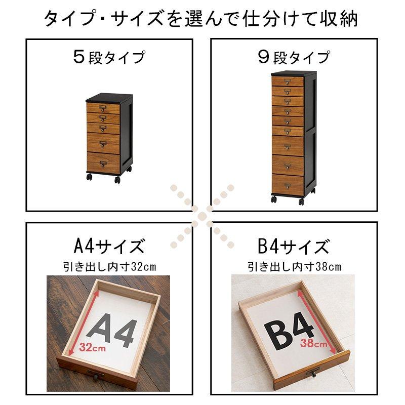 デスクワゴン 幅33cm×奥行43.5cm×高さ97cm 9段 キャスター付き B4 アンティーク風 引き出し |  | 02