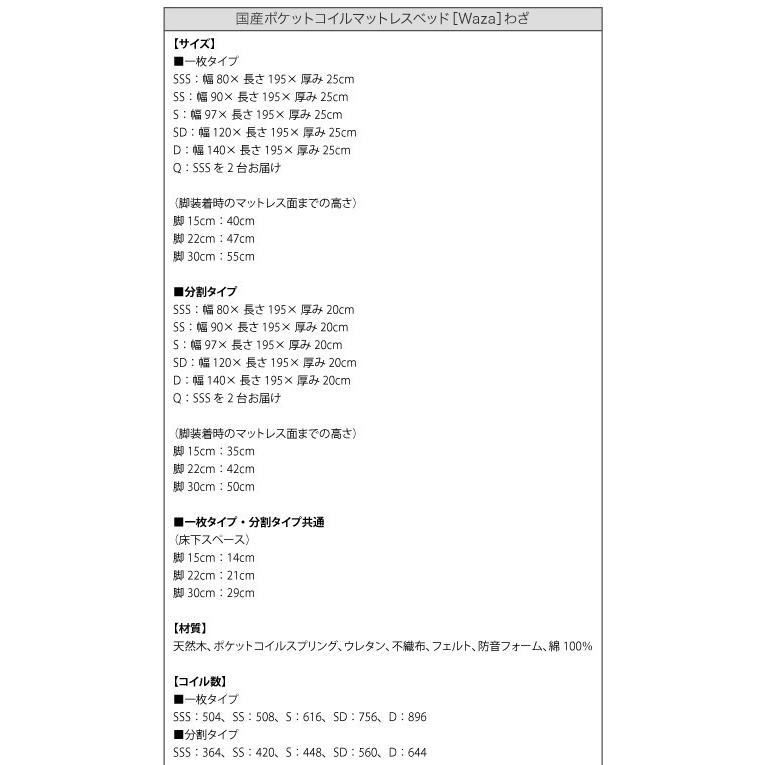 スモールセミシングルベッド 脚付きマットレスベッド 国産ポケットコイル 分割タイプ 脚22cm｜double｜19