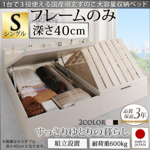 組立設置付 シングルベッド 深さラージ 日本製 大容量収納 跳ね上げ式ベッド