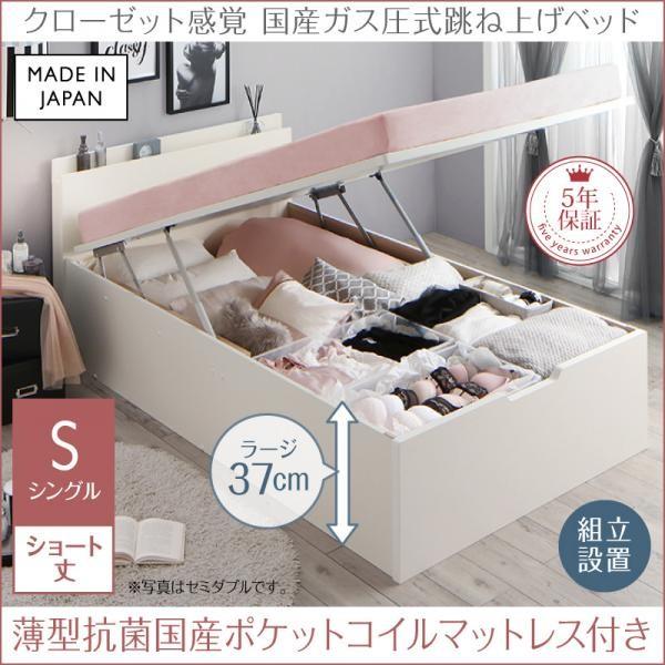 組立設置付 シングルベッド マットレス付き 薄型抗菌国産ポケットコイル 縦開き/深さラージ ショート丈 大容量収納 跳ね上げ式ベッド