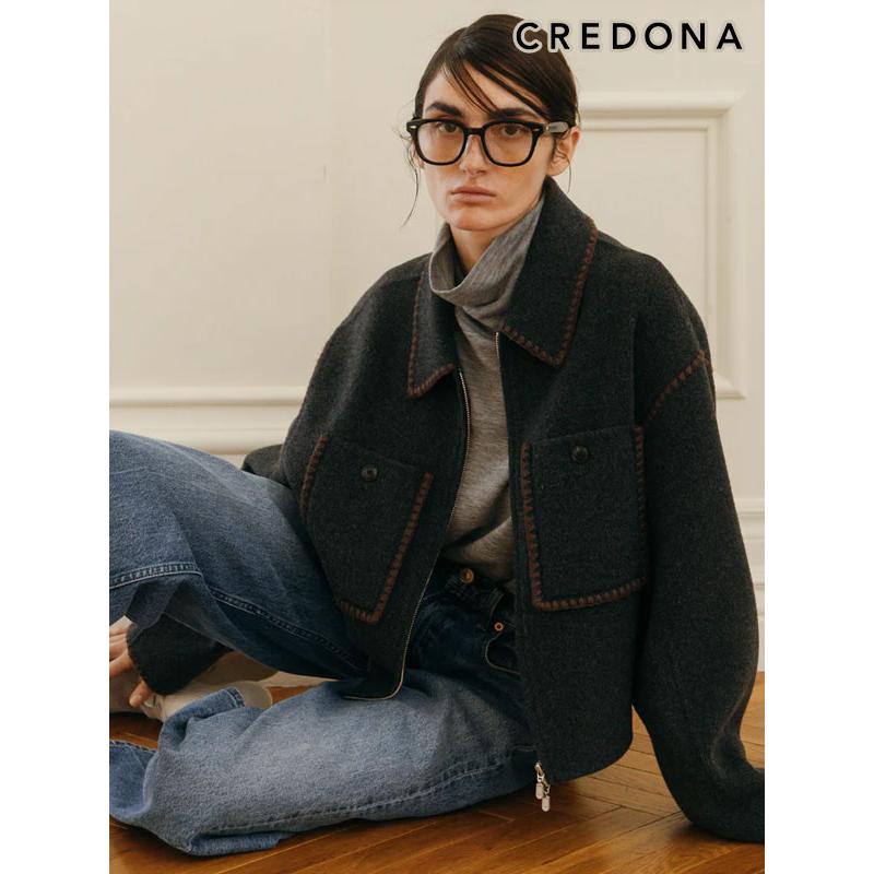 クレドナ CREDONA アウター WOOL EMBROIDERY SHORT ZIP JACKET ミドル