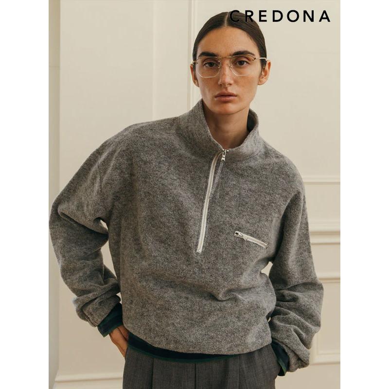 トップス　グレー　即日発送 CREDONA（クレドナ） トップス WOOL PILE HALF ZIP TOP ウールパイル