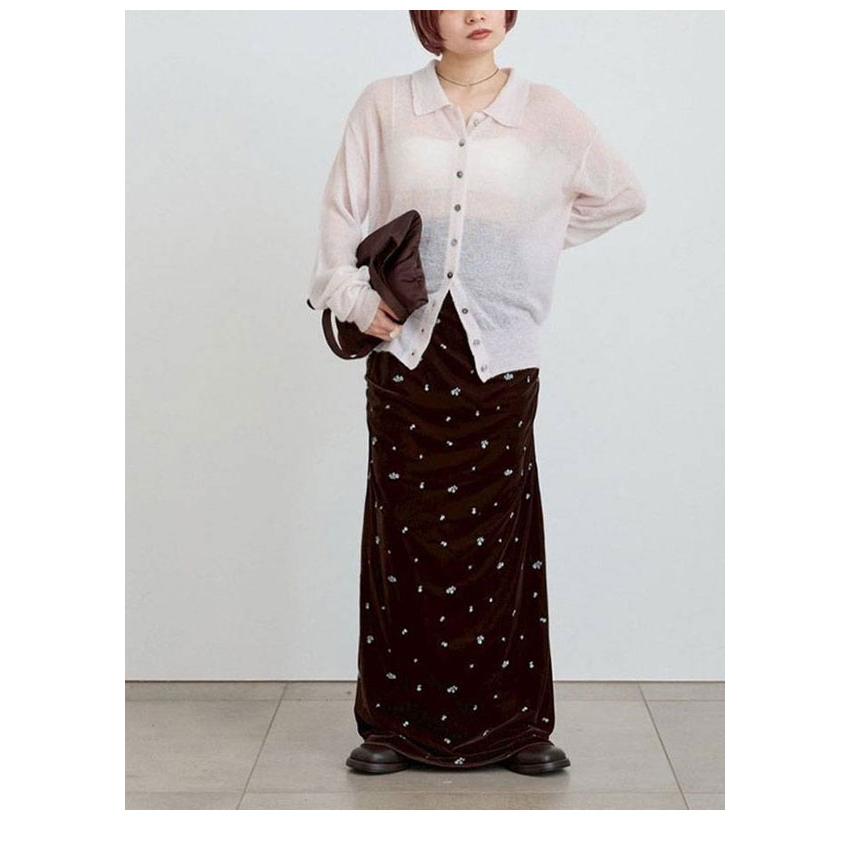 【EIKO KONDO】ベロア 異素材 変形 アシメ ロングスカート 日本製 anuke（アンヌーク） anuke 2026winter ボトムス Embroidery Flower