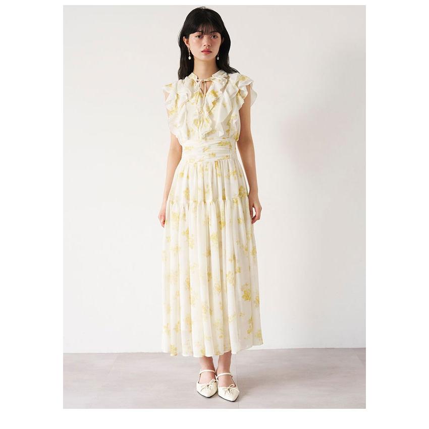 新作10%OFF リリーブラウン LILY BROWN ワンピース 26春夏 フラワープリントプリーツワンピース ノースリーブ マキシ丈 フリル lwfo262041の画像