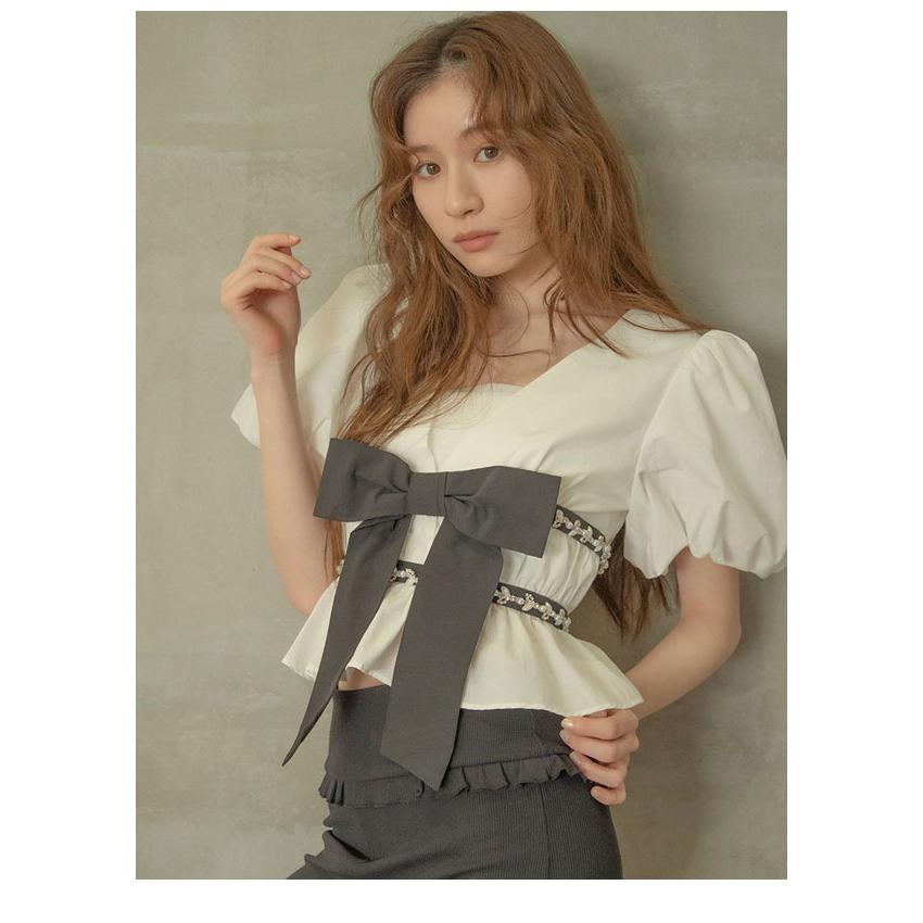 新作10%OFF リリーブラウン LILY BROWN トップス 26春夏 [L.B CANDY STOCK]ペプラムリボントップス 半袖 ミニ丈 リボン lwft262844の画像