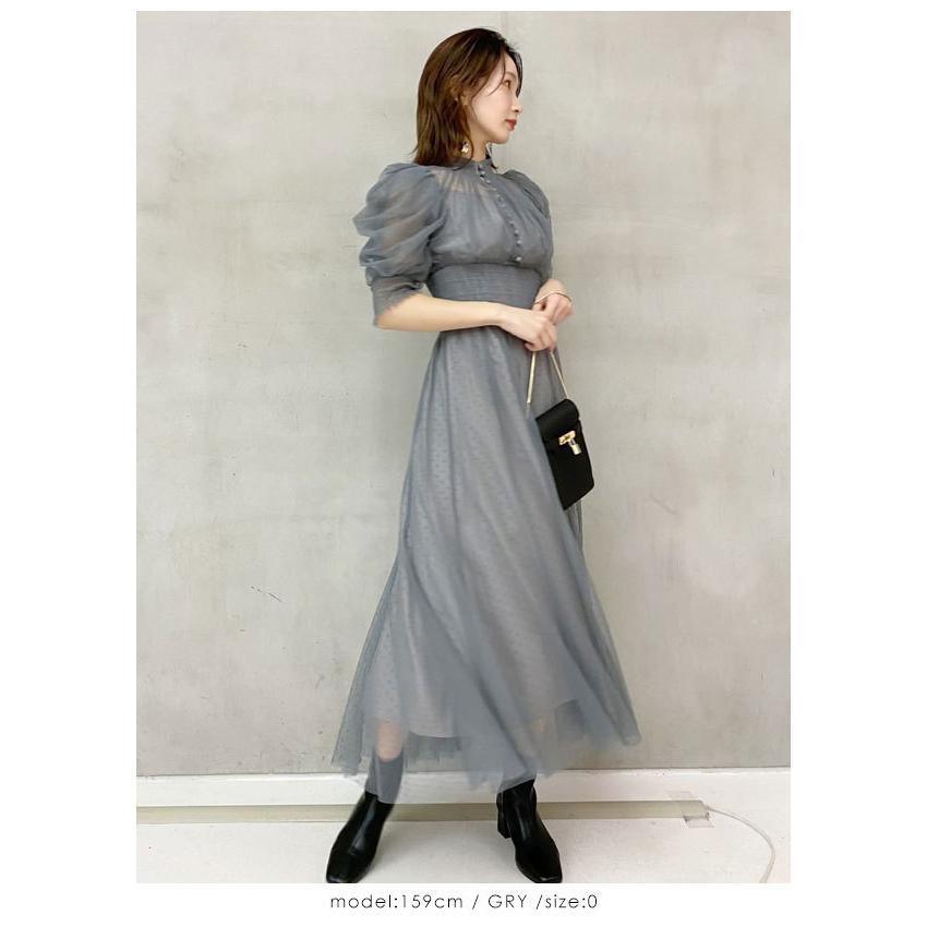 スナイデル Snidel 21秋コレクション ドットチュールドレス レディース ワンピース ロング丈 シアー 透け感 ドット チュール パフスリーブ 結婚式 Swfo Select Shop Double Heart 通販 Yahoo ショッピング