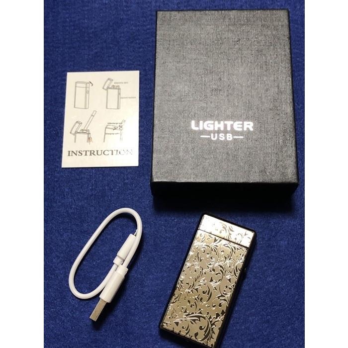 USB充電式 プラズマライター ダブルアーク 唐草模様 ブラック 黒